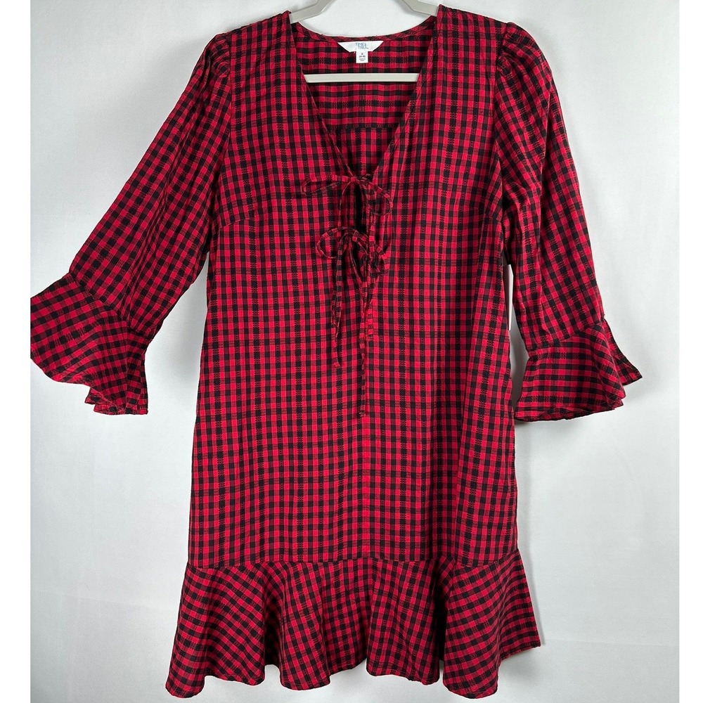 Time and Tru Dress S Red Buffalo Plaid Tie Front Ruffle Pockets Cottagecore Boho